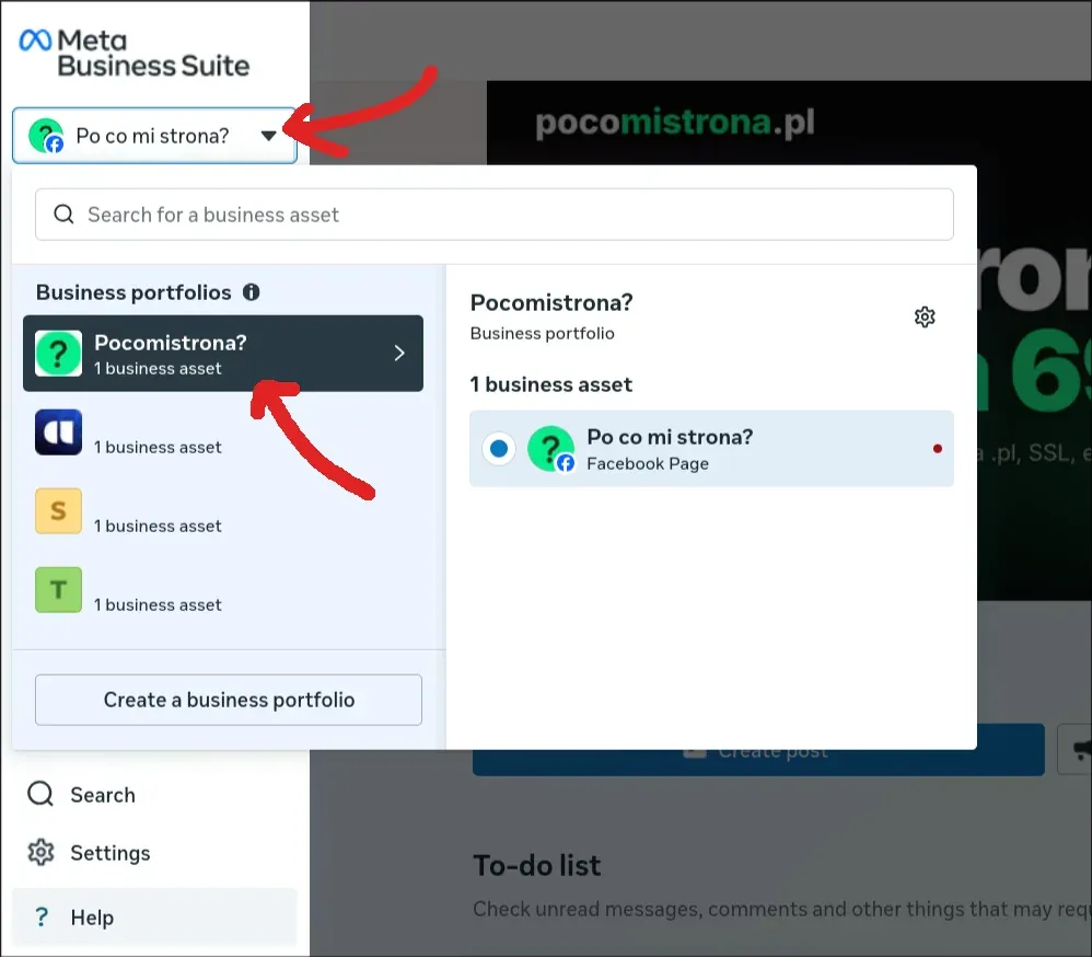 Rozwijana lista portfolio biznesowych w Meta Business Suite ze wskazanym właściwym portfolio