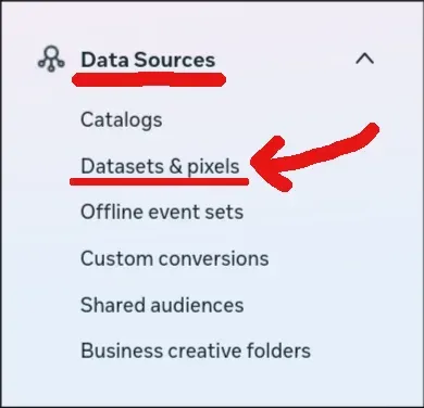 Menu Ustawień z rozwiniętą sekcją Data Sources i wskazaną pozycją Datasets & pixels